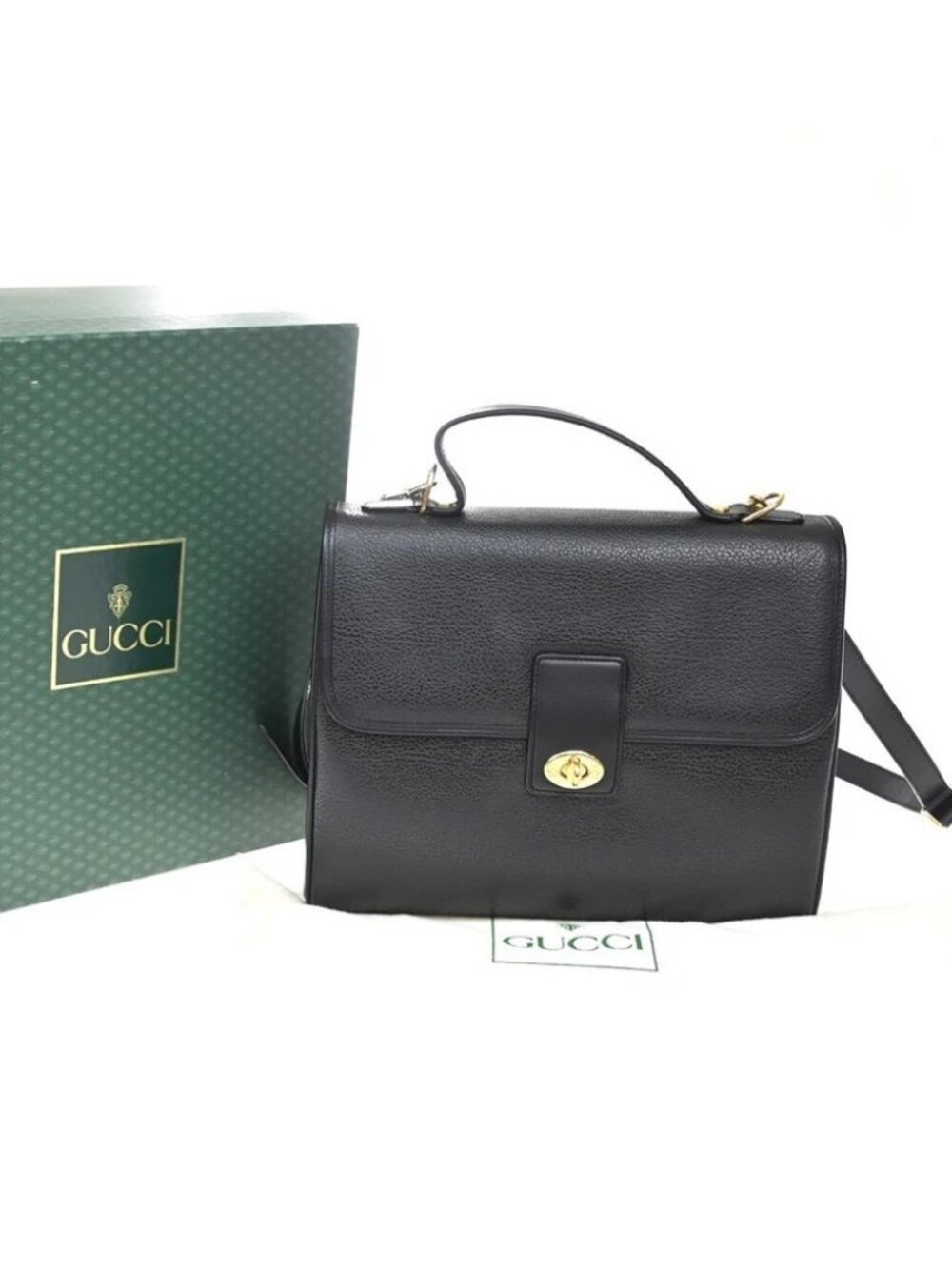 GUCCI Logo 2Way Shoulder Hand Bag Leather Black GHW Italy